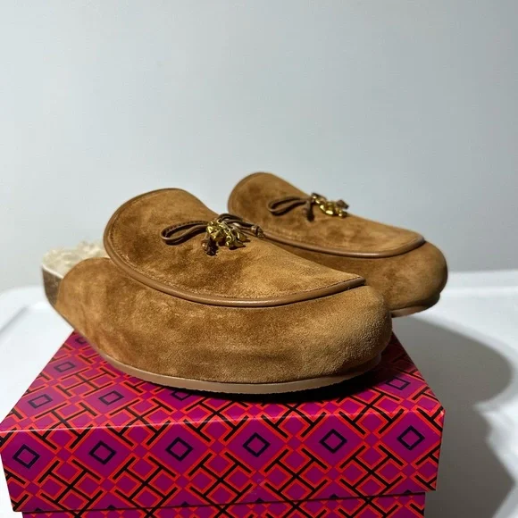 New Tory Burch charm shearling mule slippers toasted Carmel women’s